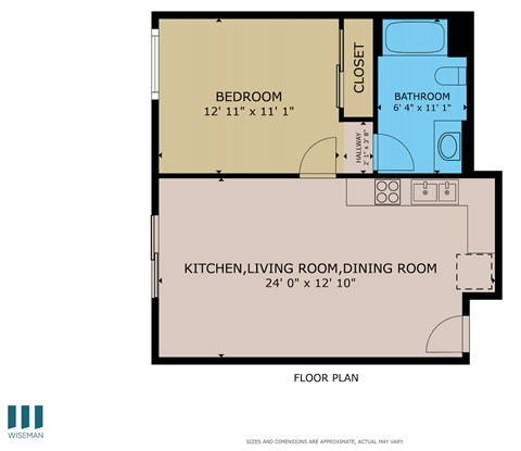 A floor plan of a room with a bedroom, bathroom, and kitchen.